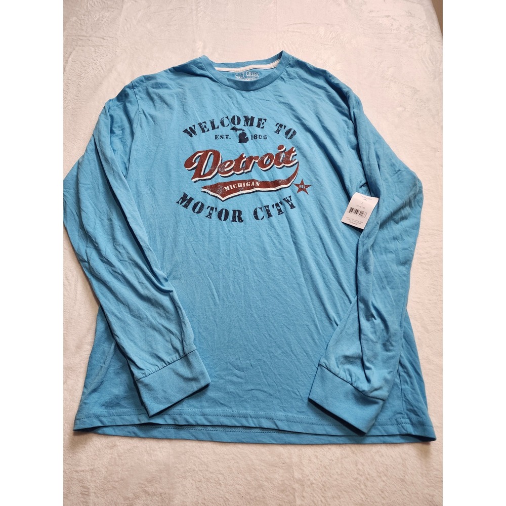 NWT Salt Creek Detroit Motor City Long Sleeve Tee Mens Large Blue Graphic Shirt